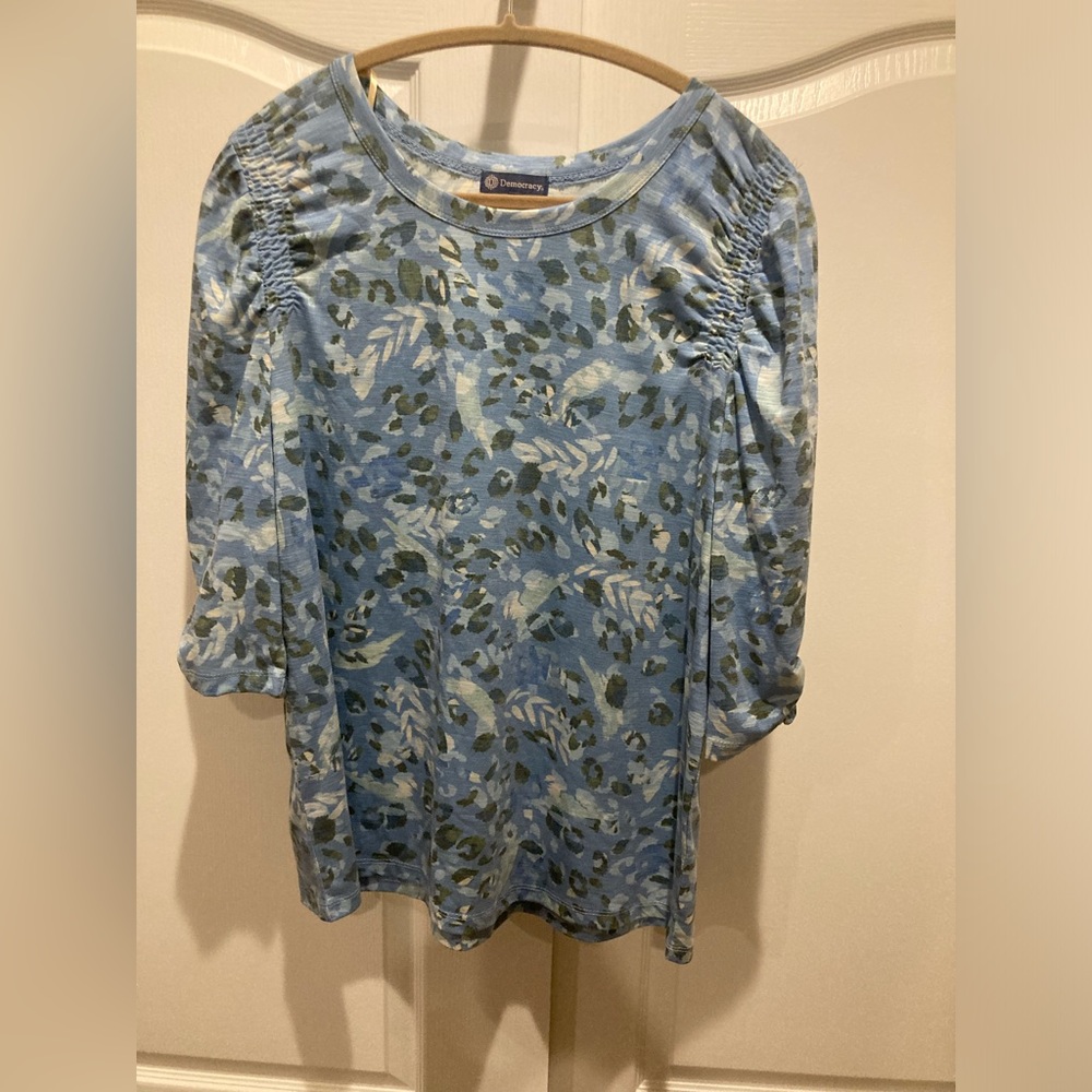 XL Democracy Elbow Length Puff Sleeve Cinched Detail Tee Light Blue/green